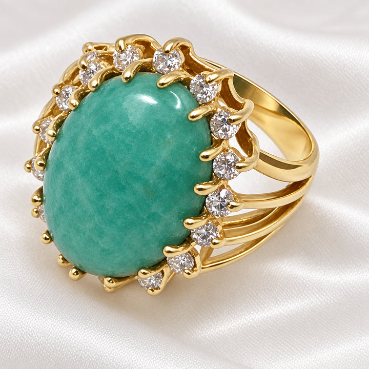 14K Gold, Halo Diamond, Green Jadeite Statement Ring