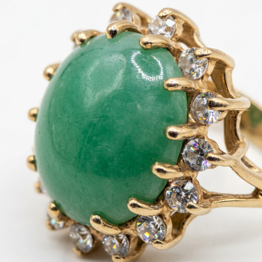 14K Gold, Halo Diamond, Green Jadeite Statement Ring