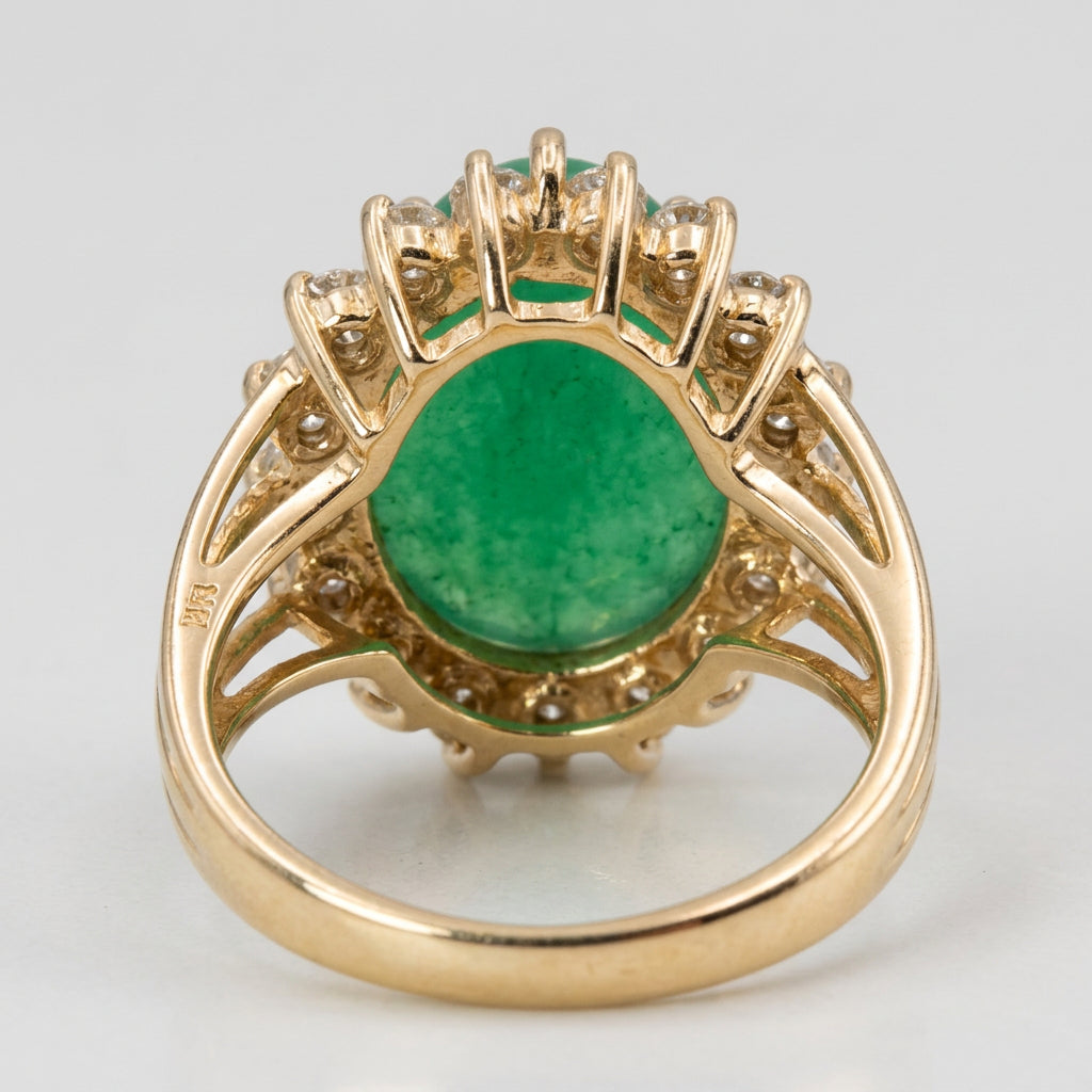 14K Gold, Halo Diamond, Green Jadeite Statement Ring