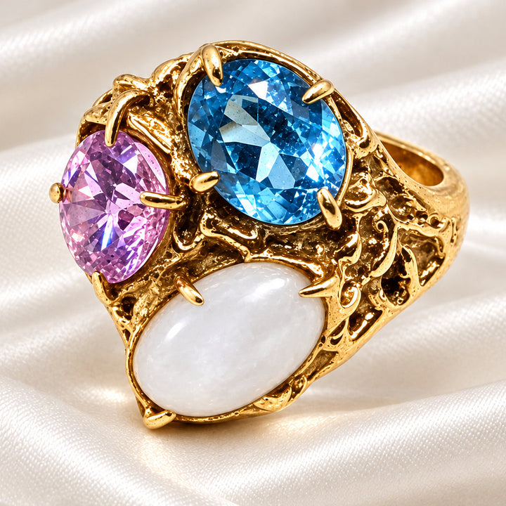 14K Gold Brutalist 3 Asymmetrical Stones Statement Ring