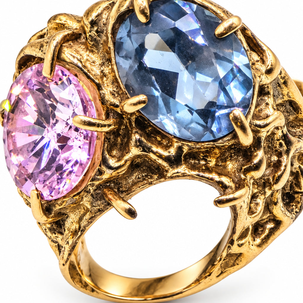 14K Gold Brutalist 3 Asymmetrical Stones Statement Ring