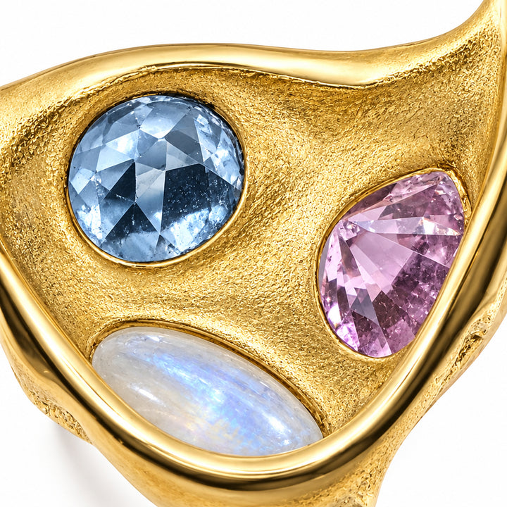 14K Gold Brutalist 3 Asymmetrical Stones Statement Ring