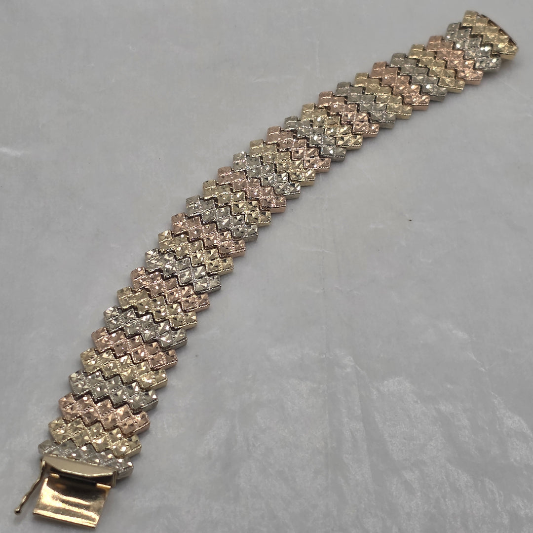 14K Tri-Color Gold Geometric Chevron Pattern Statement Bracelet