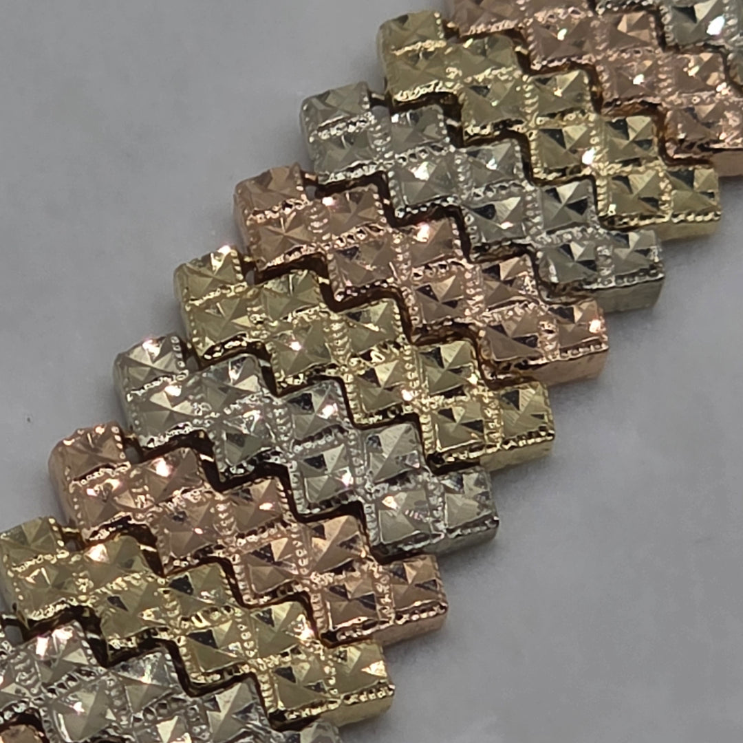 14K Tri-Color Gold Geometric Chevron Pattern Statement Bracelet