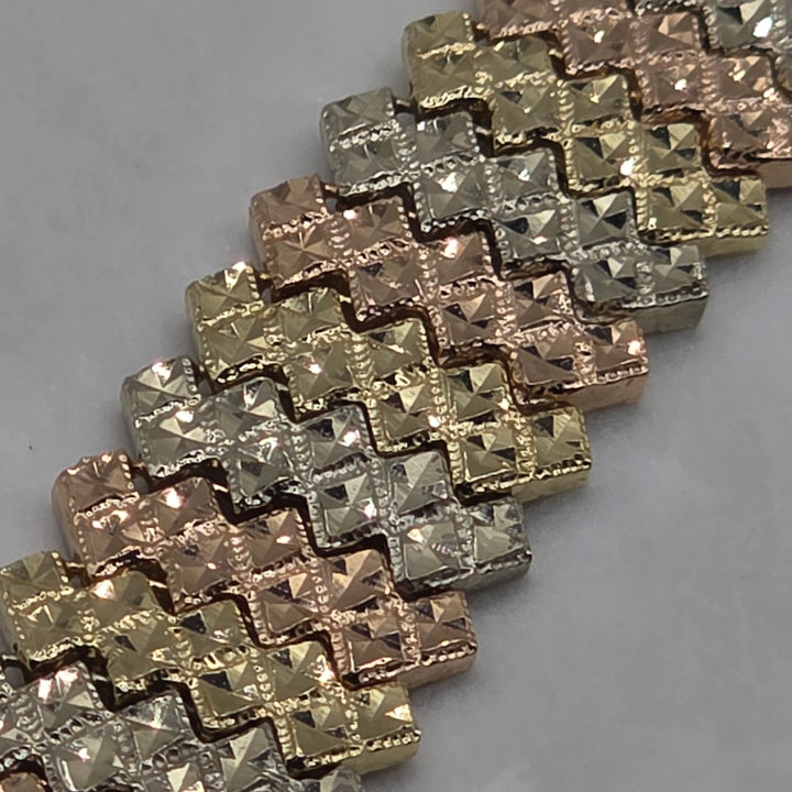 14K Tri-Color Gold Geometric Chevron Pattern Statement Bracelet