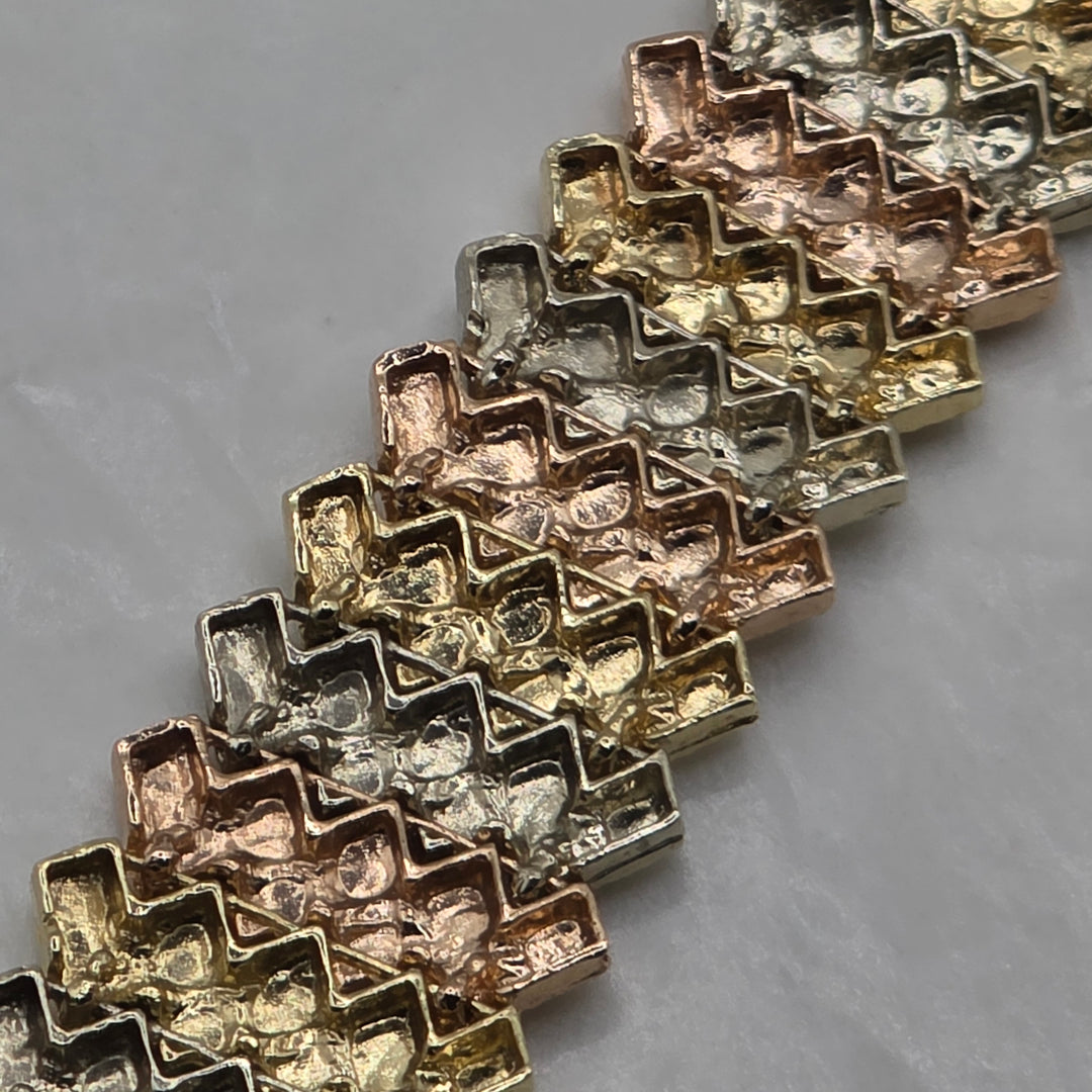 14K Tri-Color Gold Geometric Chevron Pattern Statement Bracelet