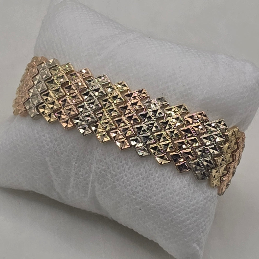 14K Tri-Color Gold Geometric Chevron Pattern Statement Bracelet