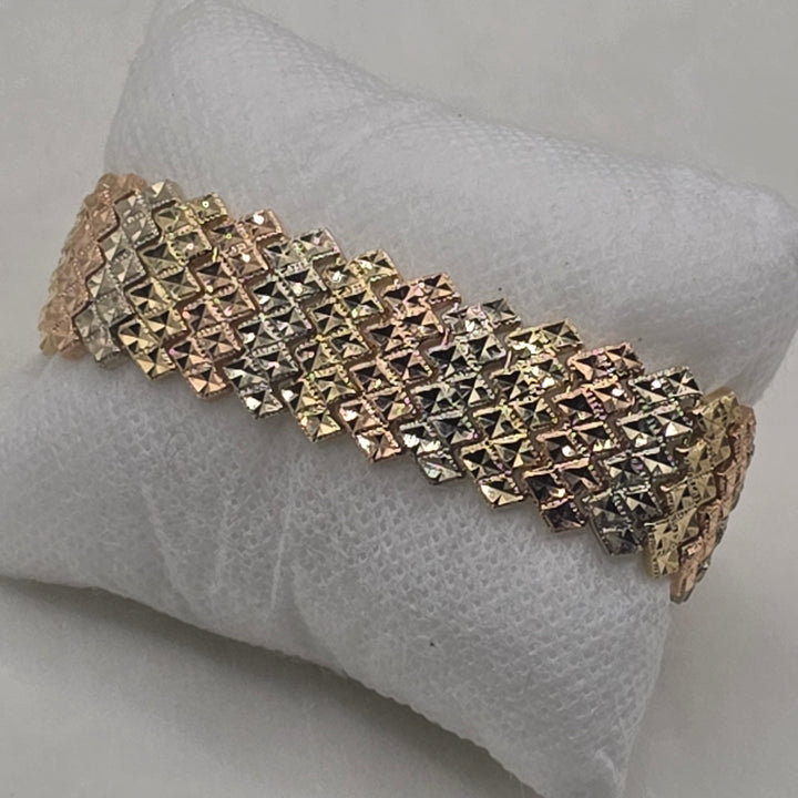 14K Tri-Color Gold Geometric Chevron Pattern Statement Bracelet