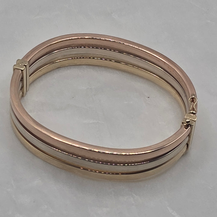 14K Tri-Color Gold Triple-Band Hinged Bangle Bracelet
