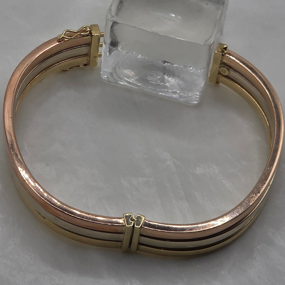 14K Tri-Color Gold Triple-Band Hinged Bangle Bracelet