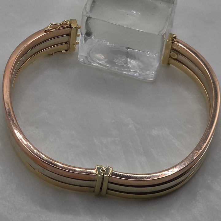14K Tri-Color Gold Triple-Band Hinged Bangle Bracelet