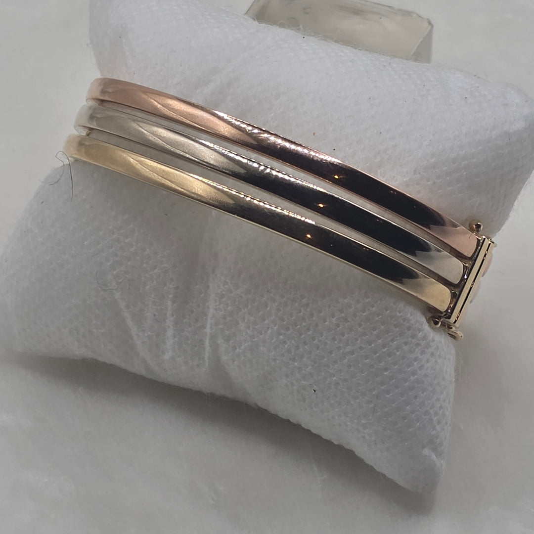 14K Tri-Color Gold Triple-Band Hinged Bangle Bracelet