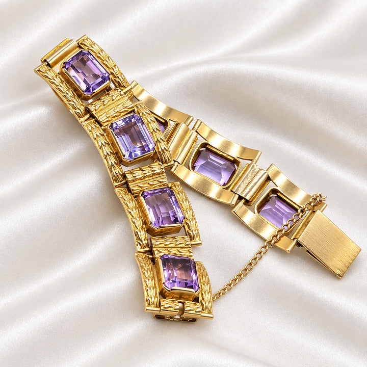 14K Gold Mid-Century Panel, Amethyst Statement Bracelet