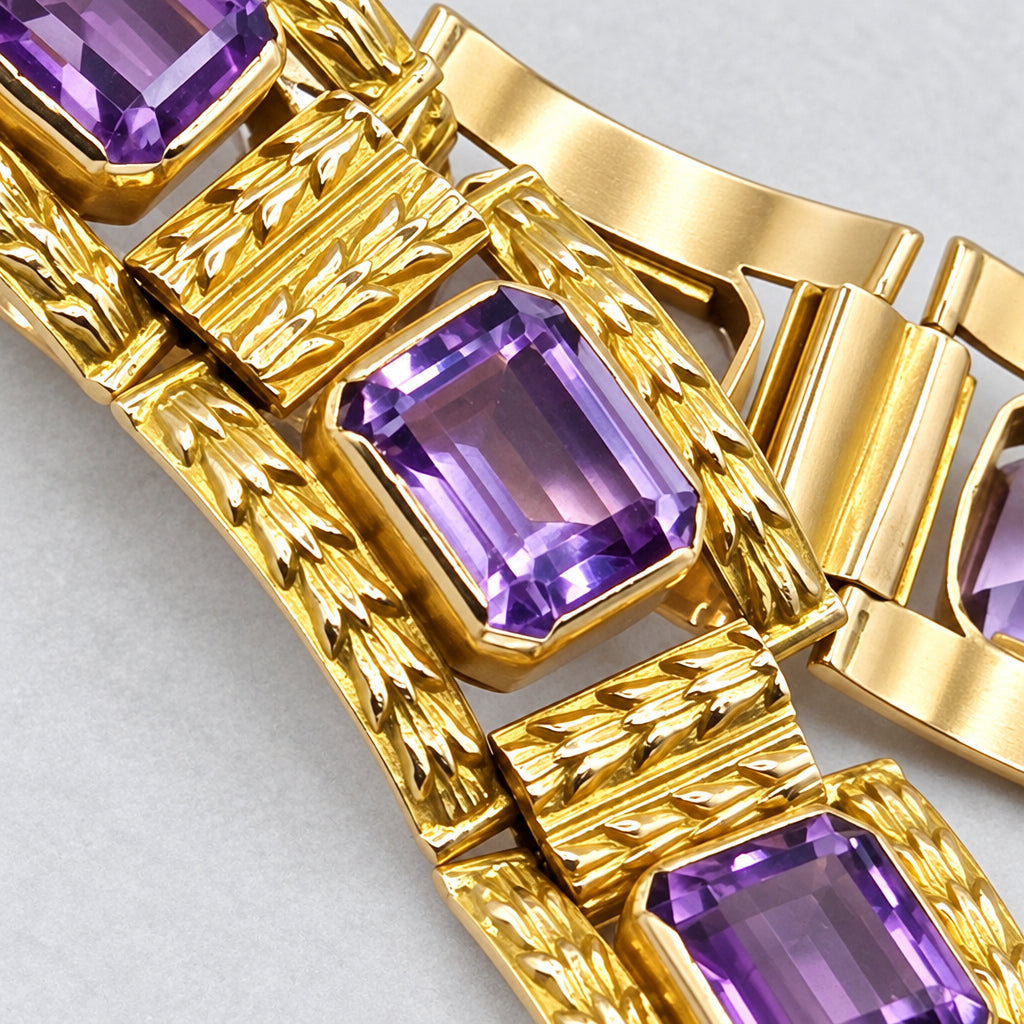 14K Gold Mid-Century Panel, Amethyst Statement Bracelet