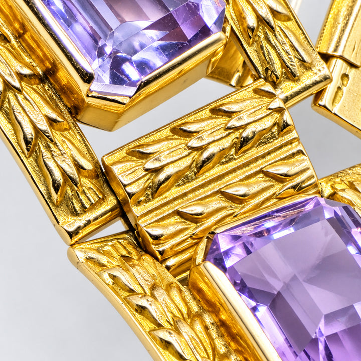 14K Gold Mid-Century Panel, Amethyst Statement Bracelet