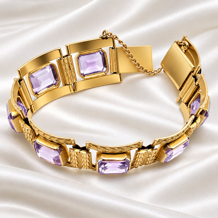 14K Gold Mid-Century Panel, Amethyst Statement Bracelet