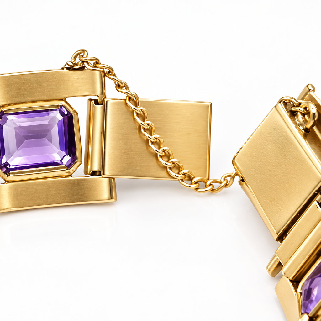 14K Gold Mid-Century Panel, Amethyst Statement Bracelet