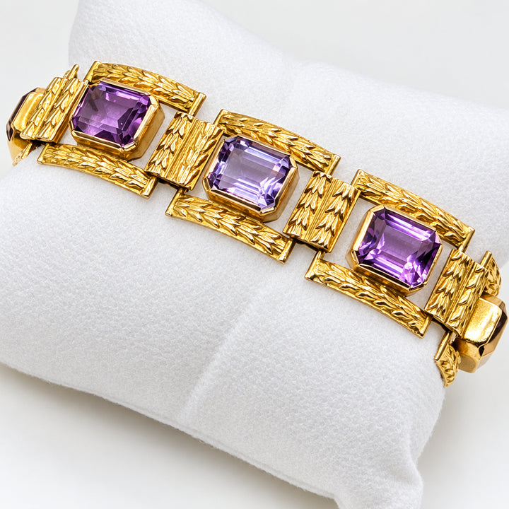 14K Gold Mid-Century Panel, Amethyst Statement Bracelet