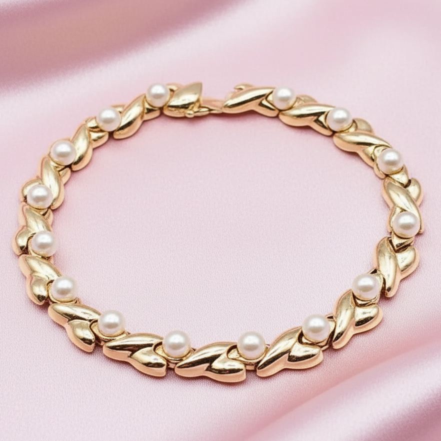 Gold & Pearl Hugs & Kisses Love Bracelet - Estate Jewelry Priced Right