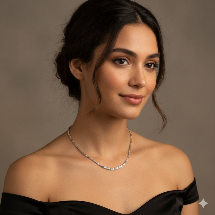 White Gold Mesh Link & Diamond Bar Necklace