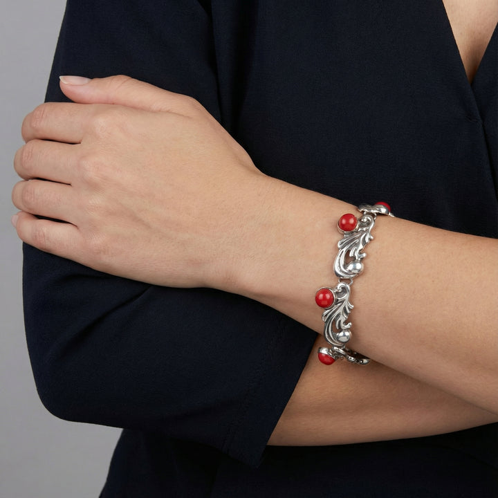 Sterling Silver & Natural Red Coral Bracelet
