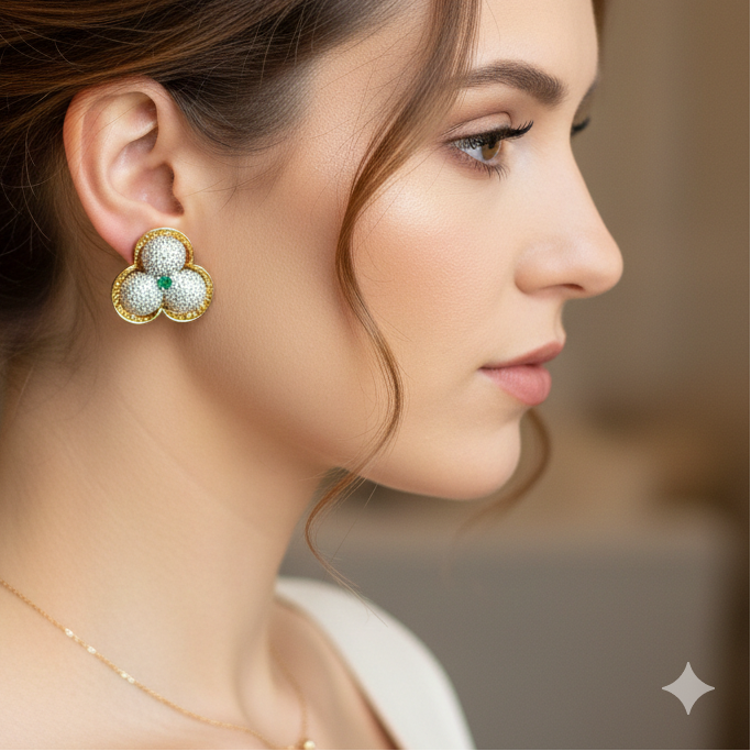 Woman wearing gold earrings with green gemstones, side profile view.