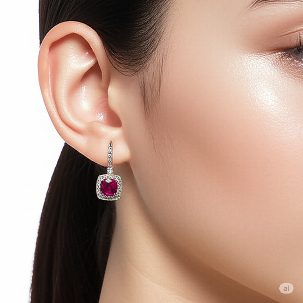 14K White Gold, Ruby & Diamond Dangle Earrings