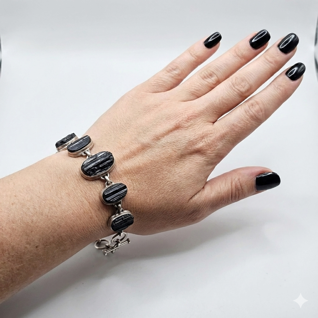 Sterling Silver & Natural Black Tourmaline Bracelet