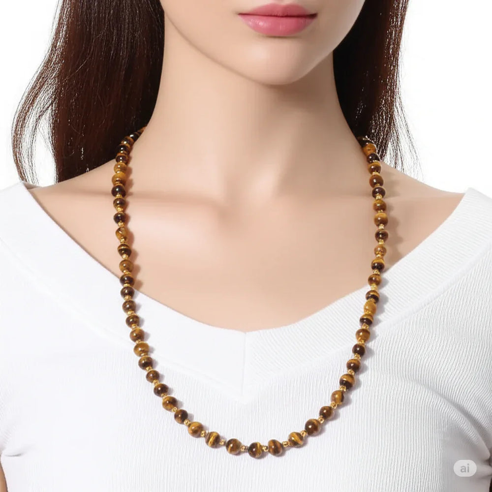 Gold and Tiger Eye Bead Opera Length Necklace - Estate Jewelry Priced Right