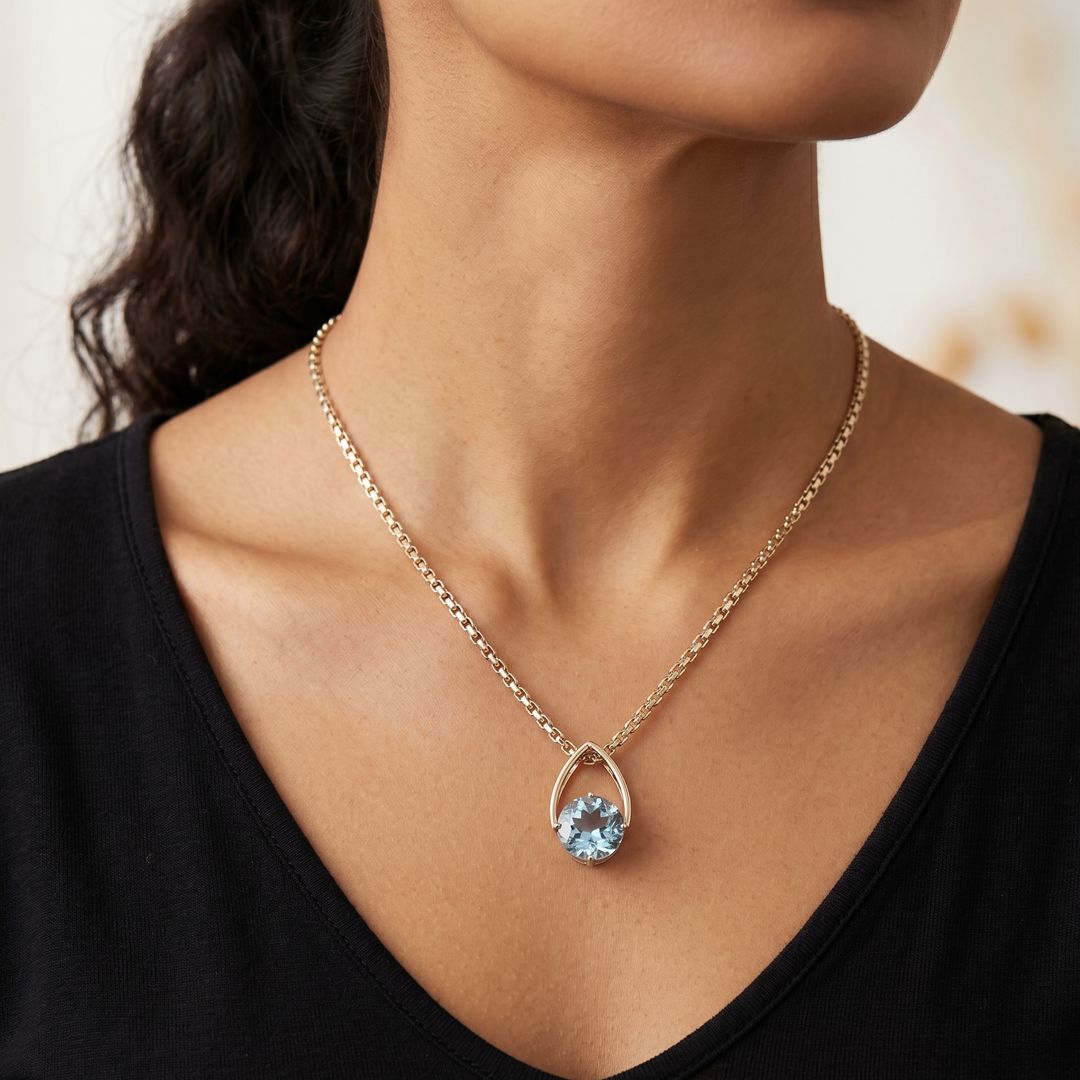 14K Gold, Checkerboard Round Cut Baby Blue Gemstone Necklace