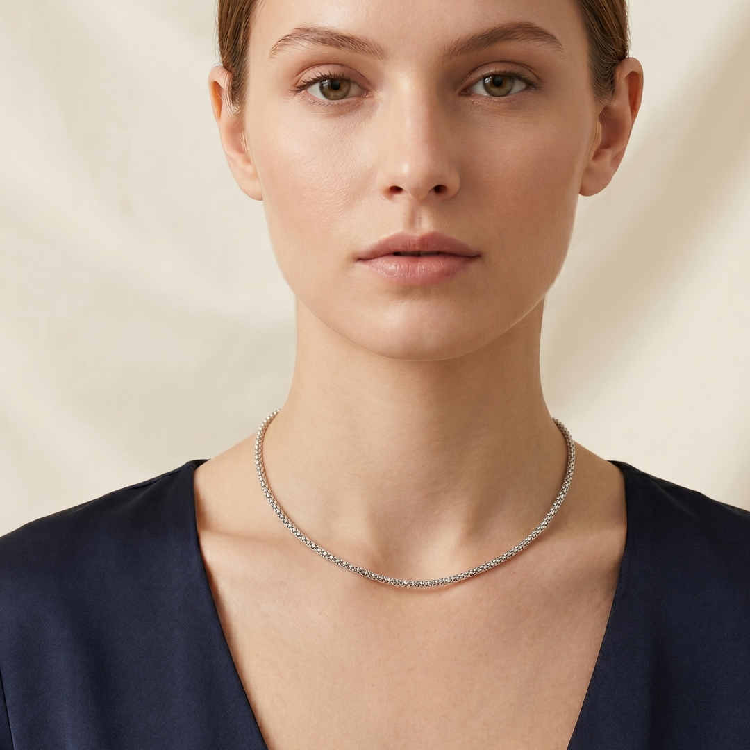 14K White Gold Rounded Box Link Choker Necklace