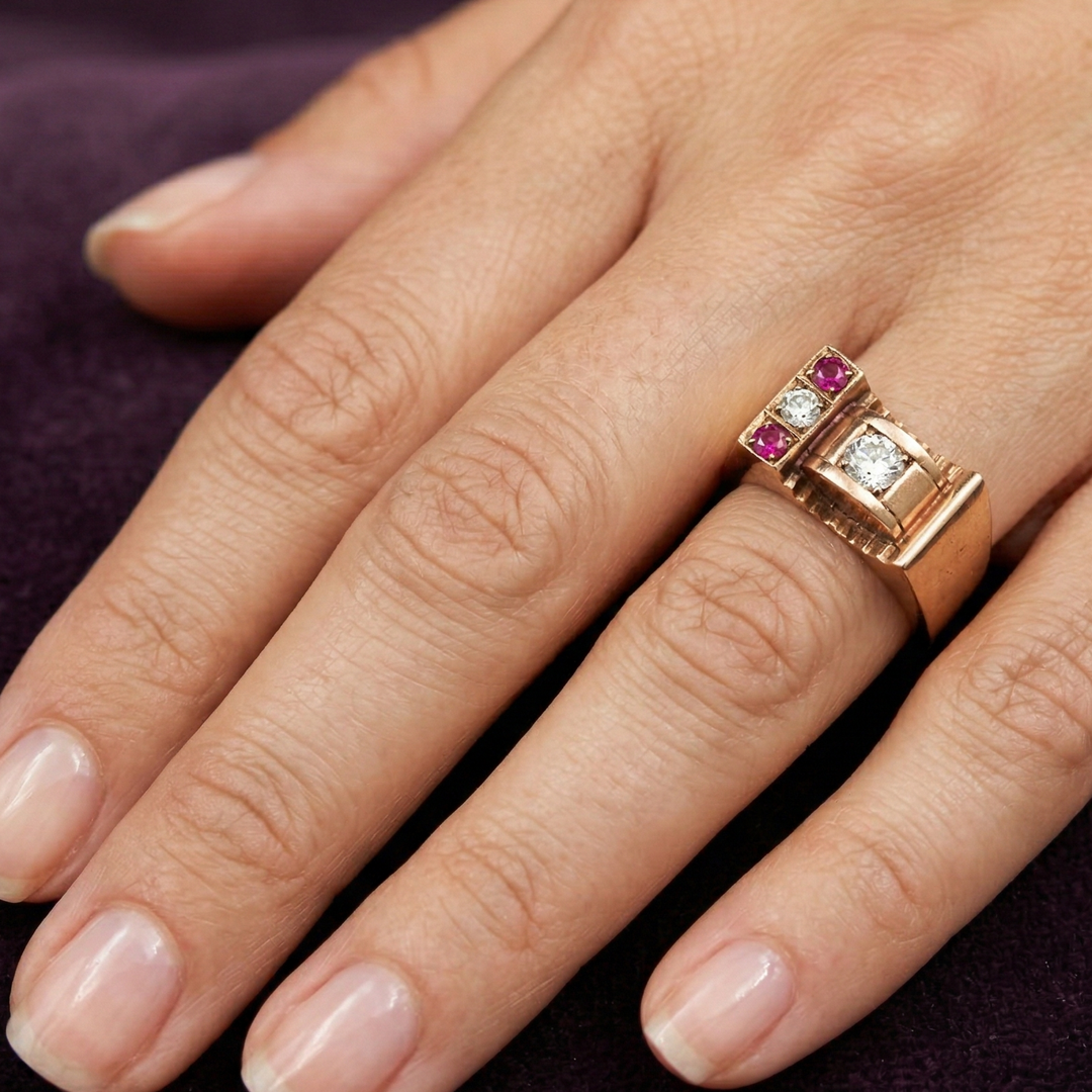 18K Rose Gold 1940s Art Deco, Diamond and Ruby Ring