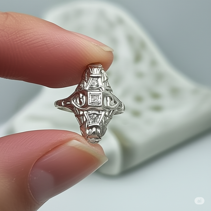 Silver ring with intricate design held between fingers against a neutral background