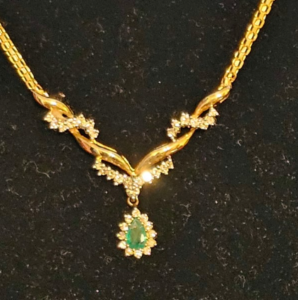 14K Gold, Diamond & Emerald Necklace