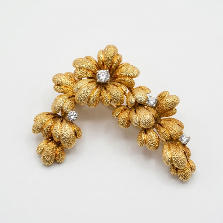 Mid-Century 18K Gold & Diamond Raining Flowers Brooch