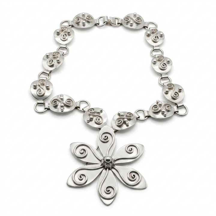 Mid-Century Modern Herman Sierbol Denmark Swirl Flower Necklace - Estate Jewelry Priced Right