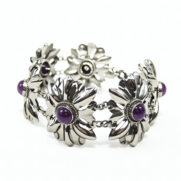 Mid-Century Modern Taxco Sterling Silver Cabochon Amethyst Statement Bracelet