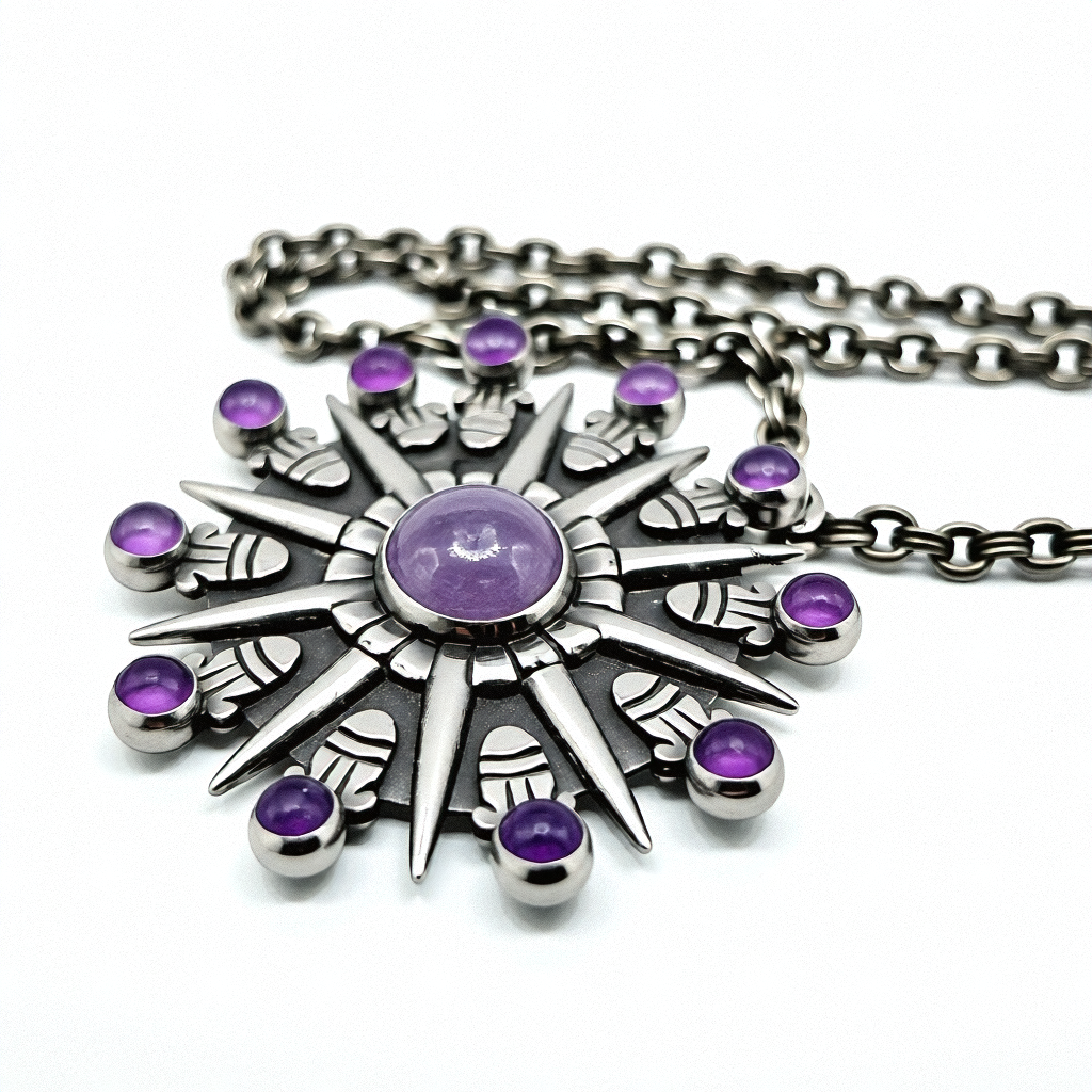 Antique Sterling Silver Spratling Celestial Cabochon Amethyst Necklace - Estate Jewelry Priced Right