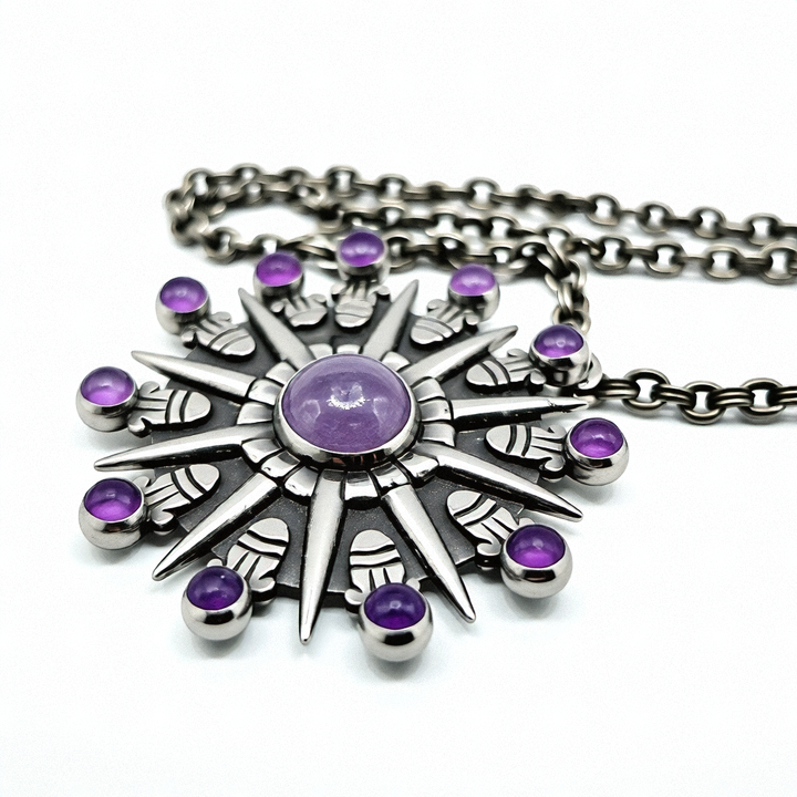 Antique Sterling Silver Spratling Celestial Cabochon Amethyst Necklace - Estate Jewelry Priced Right