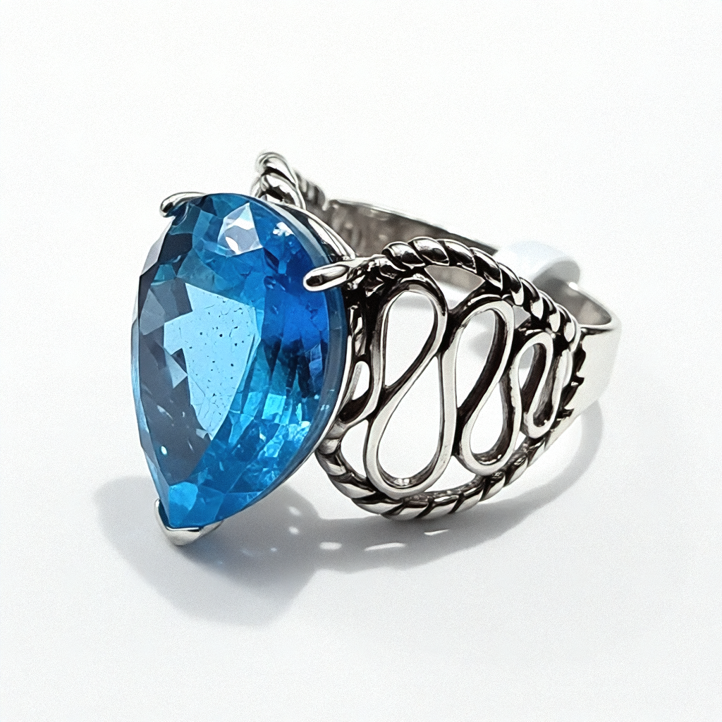 Rhodium Over Sterling Silver Blue Topaz Cocktail Ring - Estate Jewelry Priced Right