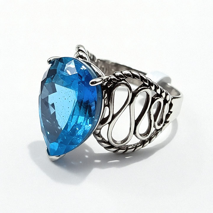 Rhodium Over Sterling Silver Blue Topaz Cocktail Ring - Estate Jewelry Priced Right