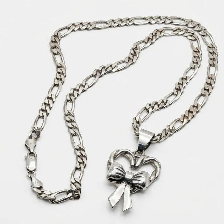 Bold Sterling Silver Bow Heart & Figaro Link Necklace