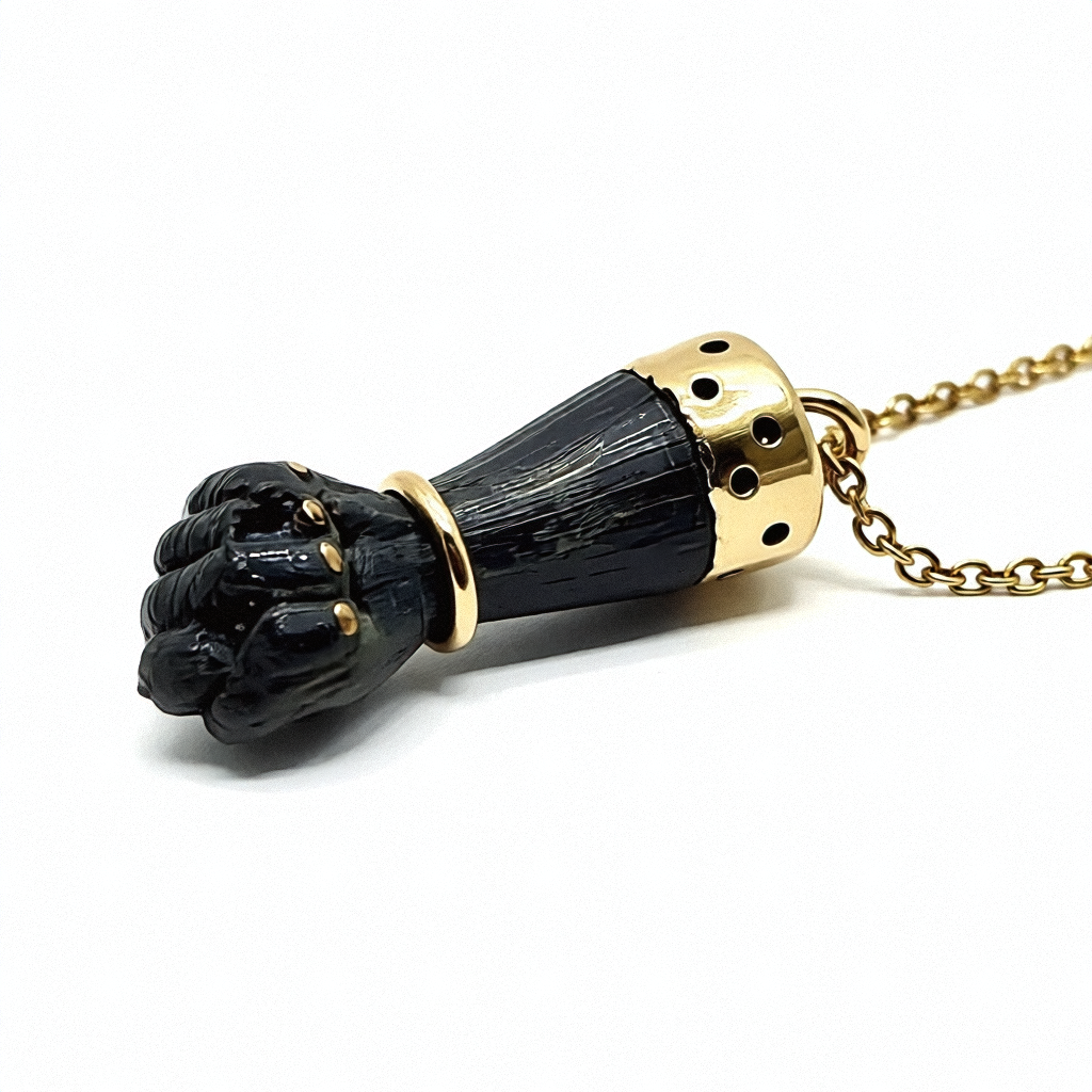 Gold & Carved Mahogany Clenched Fist Necklace - Estate Jewelry Priced Right
