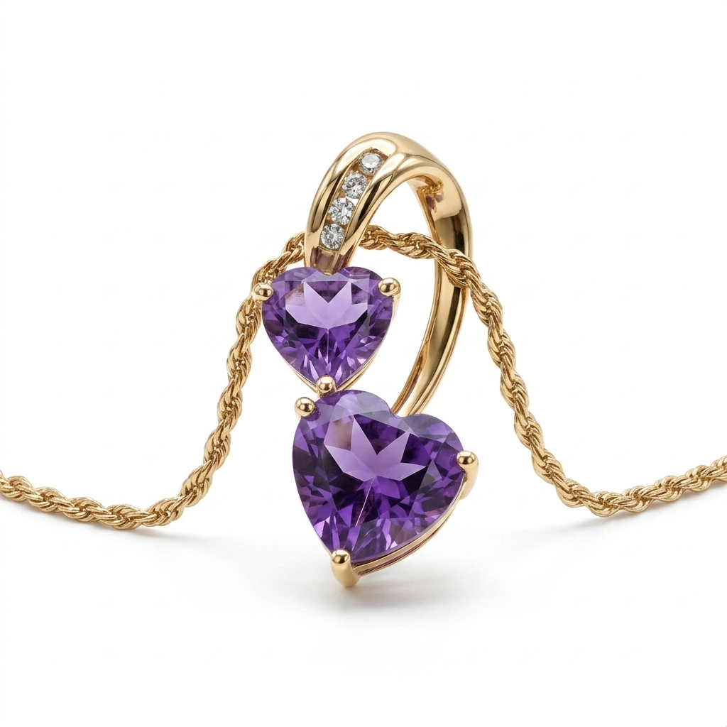 Gold, Amethyst & Diamond Happy Hearts Necklace - Estate Jewelry Priced Right