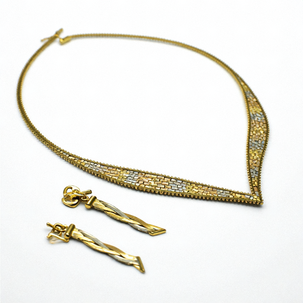 Tri-Color Gold Running Bond Omega Necklace & Earrings Set - Estate Jewelry Priced Right