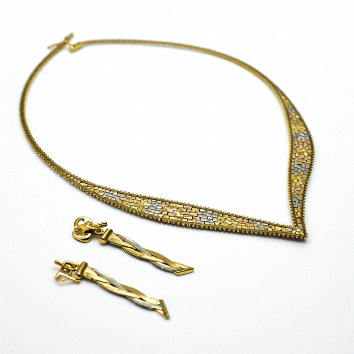 Tri-Color Gold Running Bond Omega Necklace & Earrings Set - Estate Jewelry Priced Right