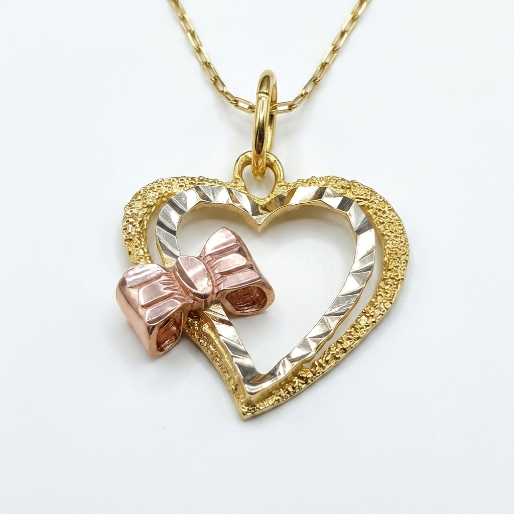 Gold Bow Adorned Heart Pendant & Necklace - Estate Jewelry Priced Right