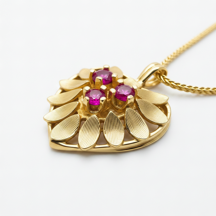 14K Gold & Ruby Floral Heart Necklace