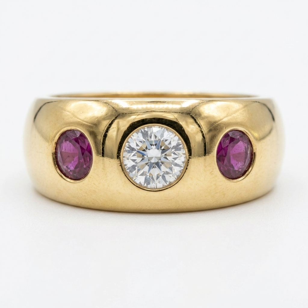 18K Gold, Ruby & Diamond Trilogy Domed Ring - Estate Jewelry Priced Right