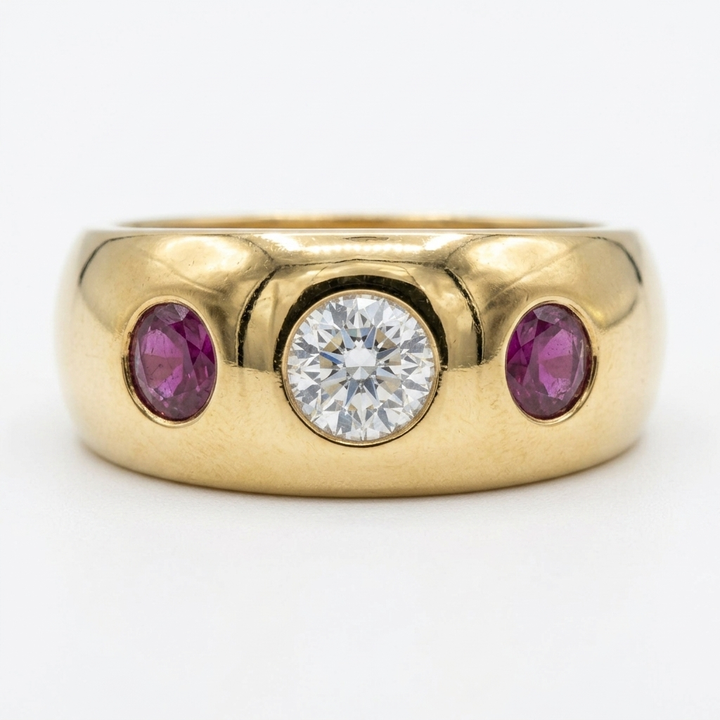 18K Gold, Ruby & Diamond Trilogy Domed Ring - Estate Jewelry Priced Right